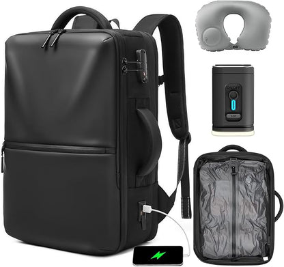 Fiordpack, 70L Vacuum Backpack Travel with Pump, Charging Port, Inflatable Pillow, Sleep Mask&Earplugs, Expandable Vacuum Seal Compression Travel Backpack for 19" Laptop, Airline Approved