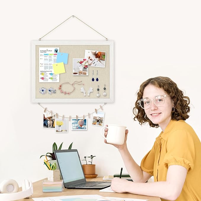 DOLLAR BOSS Bulletin Boards with Linen 1-Pack 16''X 12'' Double-Sided Cork Board for Walls Wood Framed Bulletin Boards, Small Pin Board for Home Kitchen Office Decorative Hanging 10 Pushpins