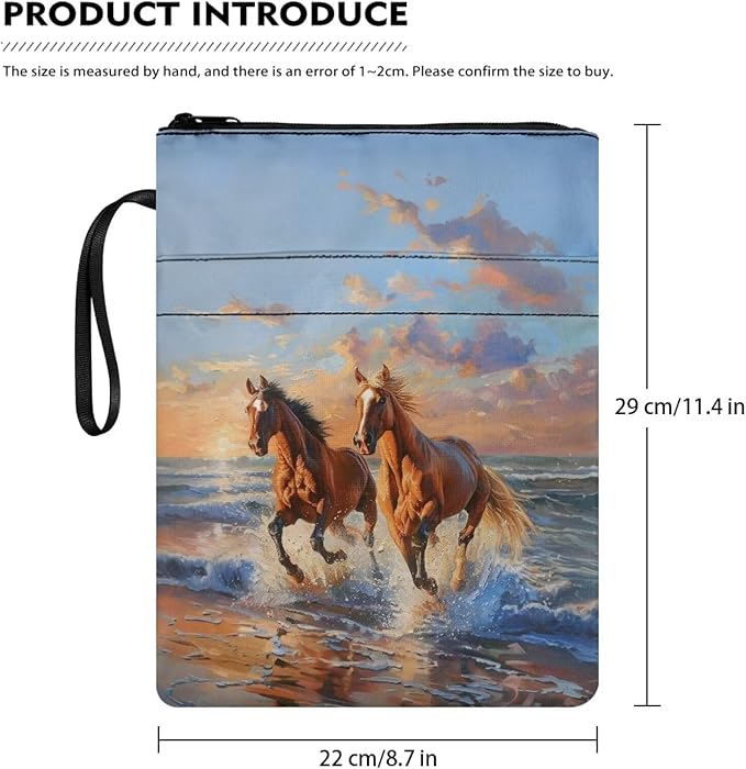 COEQINE Horses Themes Large Black Book Cover Case Zippered Organizer for School Teacher Student Hardcover Book Sleeves Cover with Pen Holder Beach Horse Sunset Pattern Book Sleeves