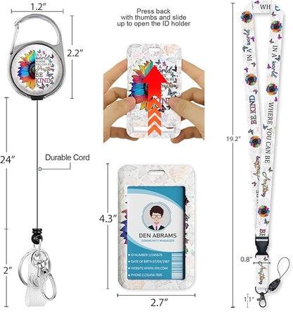 Lanyards for Id Badges, Positive Inspiration Be Kind Sunflower Badge Holder with Retractable Reel Clip, Work Name Tag Keychain Lanyard Vertical ID Card Protector for Women Nurse Doctor Teacher