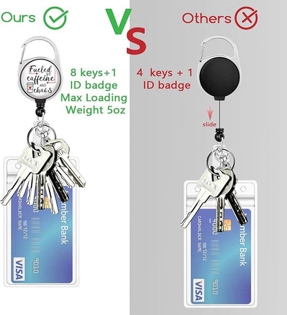Gctriki Badge Reel Holder Retractable Heavy Duty with 360° Swivel Carabiner Clip, Funny Fueled by Caffeine and Chaos ID Holder Name Badge Clip RN Nurse Medical Badge Reel Retractable Keychain ID Clip