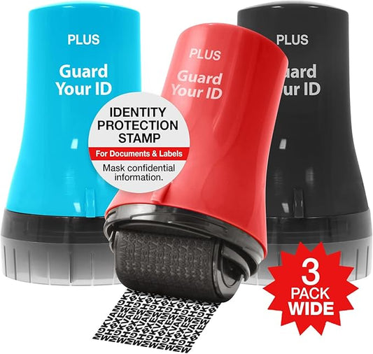 Wide Advanced Roller Stamp by Guard Your ID for Identity Theft Protection, As Seen on TV (3-Pack, Mixed Colors: Turquoise, Black, Red)