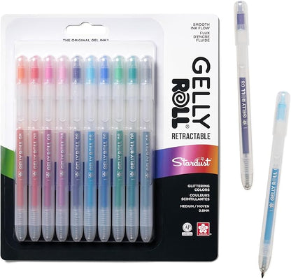 SAKURA Gelly Roll Retractable Gel Pens Colored - Stardust Glitter Gel Pens - 08 Medium Point Ink Pen for Journaling, Art, or Drawing - Assorted Colored Ink - 10 Pens