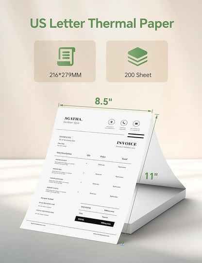 200 Sheets Thermal Printer Paper 8.5x11 US Letter MT610 Thermal Paper, Compatible with PRT/iDPRT/HPRT Portable Printer and Other Brands Thermal Document Printers