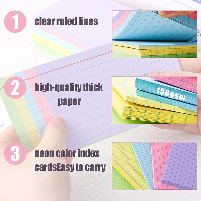 Koogel Index Cards 3 x 5 Inch, 200 Count, Ruled on both Sides, 5 Assorted Colors, Flash Cards for Studying School Supplies, Office