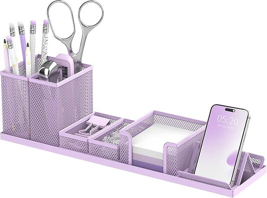 SUPEASY Pen Holder for Desk, 6 Piece Mesh Desk Organizer set, Desk Accessories for Office Organization with Mail Organizer, Letter Phone Holder, Sticky Notes Caddy Storage, Purple