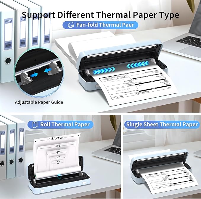 300DPI Portable Printer Wireless for Travel, Inkless Small Bluetooth Printers for Home Use, Compatible with Mobile Phone & Laptop, Support 8.5 x 11 Inch & A4 Thermal Printer Paper, Blue