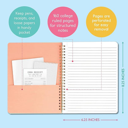 Sweetzer & Orange S&O Cute Spiral Notebooks - College Ruled Spiral Notebook with Pockets - Hardcover Notebook for Women - Cute Notebooks for School & Journal - 80 Double-Sided Pages, 6.25" x 8.25”