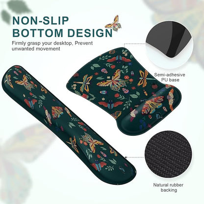 iCasso Ergonomic Mouse Pad with Wrist Rest, Keyboard Wrist Rest Mouse Wrist Rest, Made of Memory Foam, Easy Typing and Relieve Wrist Pain, Perfect for Computer Keyboard Office(Green Butterfly)