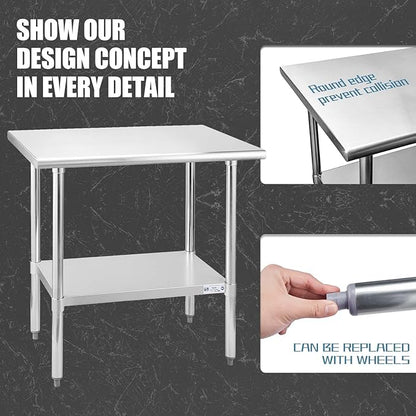 HALLY Stainless Steel Table for Prep & Work 24 x 36 Inches, NSF Commercial Heavy Duty Table with Undershelf and Galvanized Legs for Restaurant, Home and Hotel