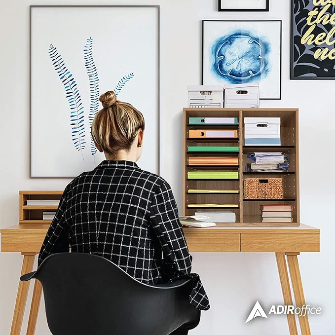 AdirOffice Wooden Adjustable Literature Organizer, 16 Compartment Office Mailbox, or Classroom Literature Organizer, Medium Oak