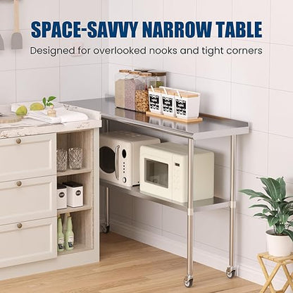 Stainless Steel Table with Wheels 18 x 60 Inches Metal Prep Table with Backsplash & Caster, Adjustable Undershelf for Commercial Kitchen, Outdoor, Restaurant, Hotel & Garage