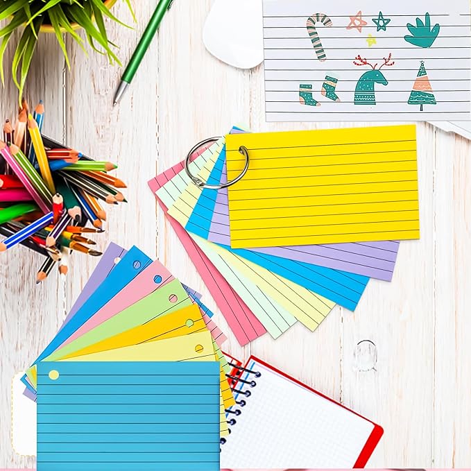 MotBach 180 PCS Index Cards Flash Cards with Binder Rings,4" x 6", Colored Ruled Memo Notecards Study Cards Scratch Pad Lined Studying Record To Do List for Home School Office Supplies