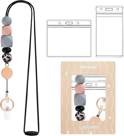 Retractable Lanyards for ID Badges and Keys, Cute Breakaway Teacher Lanyard with Badge Holders and Reels, Silicone Beaded Lanyard for Women, Nurses, Office with 2 Waterproof Card Holders