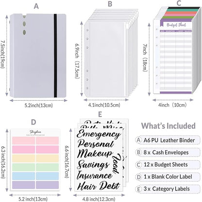 SKYDUE A6 Money Saving Binder, Budget Binder with Cash Envelopes, Savings Book with 12pcs Expense Budget Sheets and Sticky Labels Purple