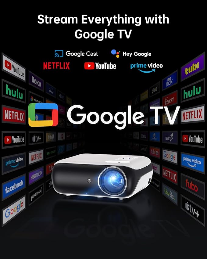 HAPPRUN Projector, Google TV Projector with WiFi and Bluetooth, 4K Support, Netflix-Licensed, HDR 10+, Native 1080P Outdoor Movie Projector, Smart Home Theater Projector Support Google Cast & Airplay