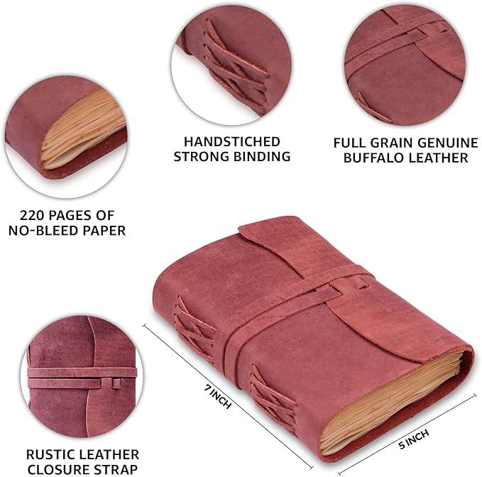 LEATHER VILLAGE Leather Bound Journal - Fuchsia, 7"X5", 220 Pages - Vintage Blank Paper Diary for Writing, Drawing, Sketchbook, and Travel Notebook - Ideal for Women and Men