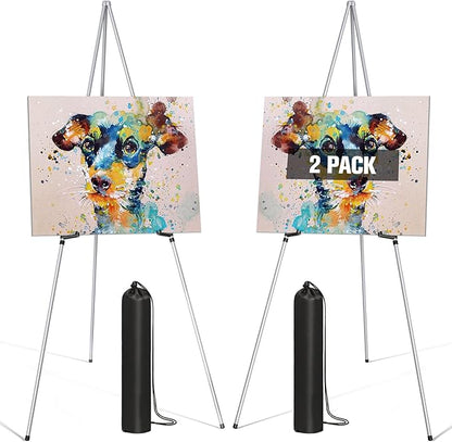 Display Artist Easel Stands - 63" Instant Tripod Collapsible Portable Floor Easels - Easy Folding Adjustable Art Poster Metal Stands for Display Show, Wedding, Painting - Silver 2pack
