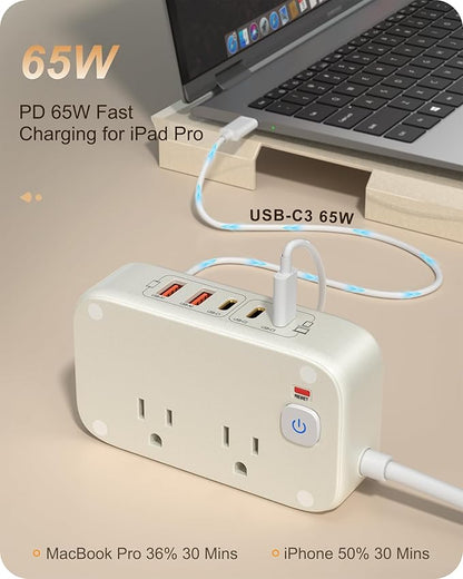 7-in-1 Power Strip, PD GaN 65W USB C Power Strip with 3 USB-C, 2 USB-A Ports and 2500W AC Outlet, Flat Plug Sleek Socket Essentials for Home/Office/College/Travel