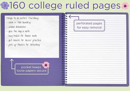 Steel Mill & Co Cute Large Spiral Notebook College Ruled, 11" x 9.5" with Durable Hardcover and 160 Lined Pages, Lilac Floral