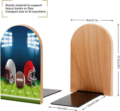 2 Pack Wood Bookends, Sport Ball Football Helmet Non-Skid Book Ends for Heave Books, Decorative Bookends for Shelves Desk, Book Stoppers Book Holders for Home Office Library School