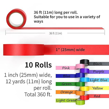 Colored Masking Tape Rolls, 1 inch Wide, 360 ft Long - Craft Tape in 10 Colorful Shades for Kids Crafts, Moving, Classroom Labeling