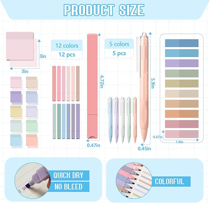 Jutom 39 Pcs Aesthetic Book Annotation Kit Pencil Case Bag with Highlighter Gel Pen 700 Sheets Transparent Sticky Notes Pads Index Tab Bible Study Supplies for School(Blue,Kawaii Style)