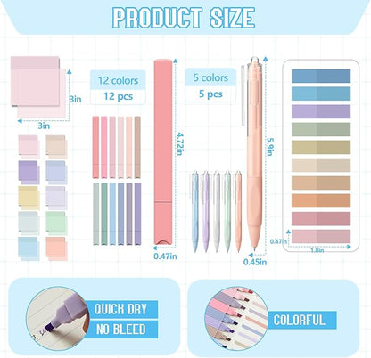 Jutom 39 Pcs Aesthetic Book Annotation Kit Pencil Case Bag with Highlighter Gel Pen 700 Sheets Transparent Sticky Notes Pads Index Tab Bible Study Supplies for School(Blue,Kawaii Style)