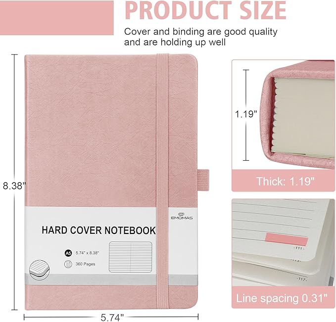 Lined Journal Notebook, 360 Numbered Pages(With page number), Thick Journal for Writing A5 College Ruled Notebook, 100gsm Lined Paper, Leather Hardcover, 5.75'' X 8.38''-Pink