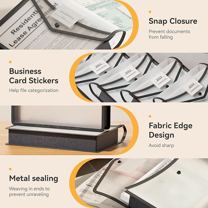 ABC life 6 Pack Plastic Expanding File Folder, Folders for Documents with Snap Closure, Black File Folder Organizer Holder, Transparent Accordion File Pouch,Large Capacity, Fit Letter/A4 Size