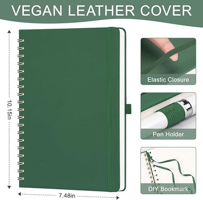 AHGXG Bullet Dotted Journal Spiral Notebook, Large B5 Dotted Notebook 140 Pages, Leather Hardcover, 100 GSM Thick Dot Grid Paper, Inner Pocket, for Bullet Journaling, 7.6" x 10", Green