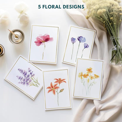 Blank Cards, 30 Pack Blank Greet Cards, Elegant Gold Foil Blank Note Cards with Envelopes, Blank Greeting Cards, Perfect Stationary Set For All Occasions, 5 Assorted Floral Designs