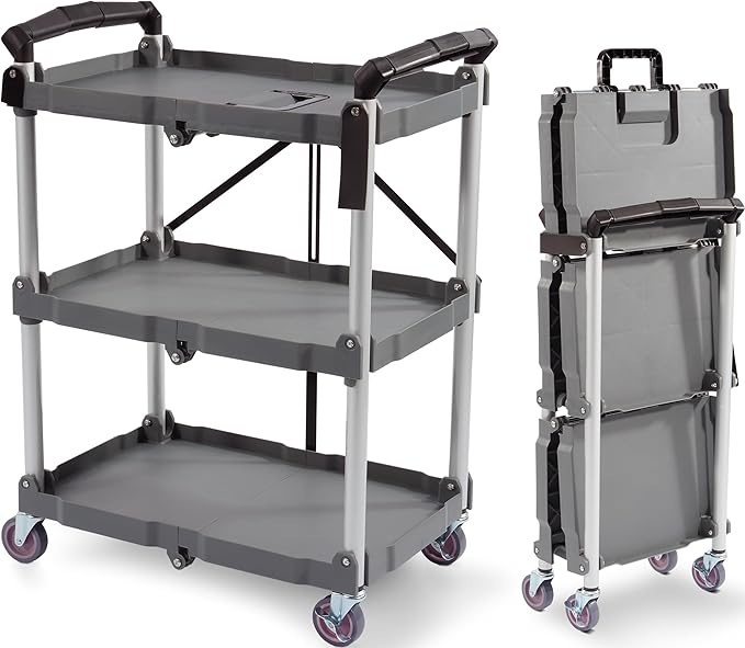 ELEVON Portable Folding Collapsible Service Cart Foldable Service Cart 3 Tier Collapsible Push Cart Folding Utility Carts with Wheels for Office Warehouse Home, Black
