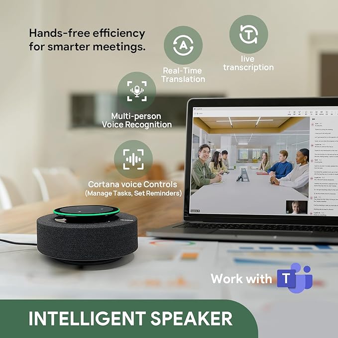 Yealink MSpeech USB Speakerphone with Teams Certificed 10 Microphone Arrays 19.6ft Pickup Radius 4W HD Full-Duplex Speaker with AEC for Medium-Sized Conference Room Microsoft AI Transcription