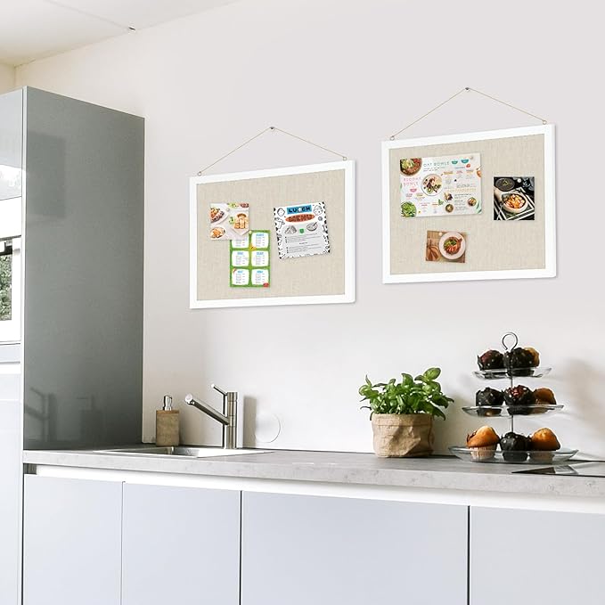 2-Pack Double-Sided Cork Board with Linen, 16" x 12" Hanging Wood Framed Bulletin Board, Picture Display Vision Board Kit Corkboards for Wall School Office Decor, 20 Pushpins (Vintage White)