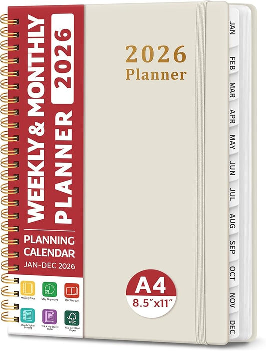 2026 Planner, Weekly and Monthly Calendar Planner, January 2026 - December 2026, Hardcover 2026 Calendar Planner Book with Tabs For Women & Men, Inner Pocket, Spiral Bound, Perfect for Office Home School Supplies - A4 (8.5" x 11"), Beige