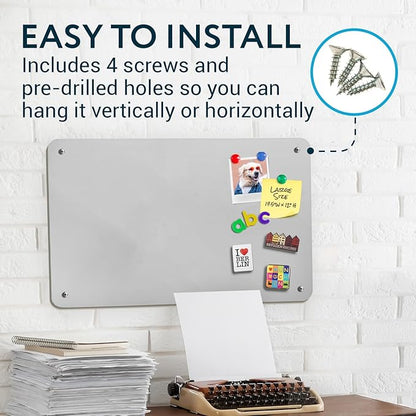 Display Magnetic Board for Wall - Metal Memo Board for Office, Home, Kitchen, and Classrooms - Great for Hanging Photos, Shopping Lists, and More - Includes Pre-Drilled Holes (17.5 x 12 in)