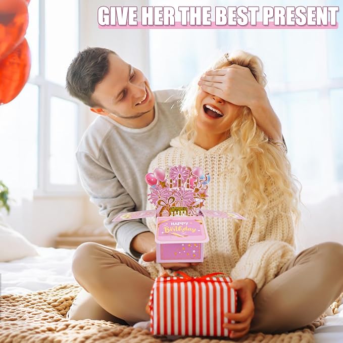 Surprise Pop Up Happy Birthday Cards, Lovely 3D Birthday Card for Adults and Kids with Envelopes, Unique Design Handmade Foldable Greeting Cards for Daughter, Son, Mom, Dad, Friend（Pink）