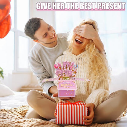 Surprise Pop Up Happy Birthday Cards, Lovely 3D Birthday Card for Adults and Kids with Envelopes, Unique Design Handmade Foldable Greeting Cards for Daughter, Son, Mom, Dad, Friend（Pink）