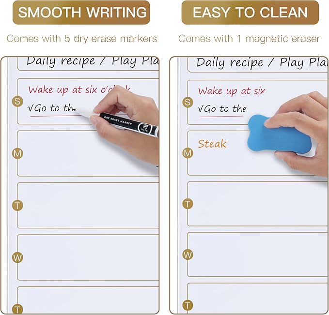 SELEAD Magnetic Glass Whiteboard Weekly Planner - 16”x24” Dry Erase Calendar White Board for Wall, Menu TODO Grocery List Board for Home Kitchen Restaurant - White&Gold