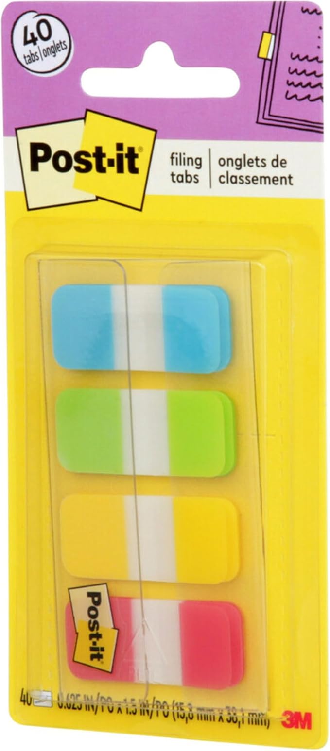 Post-it Tabs, 625 in Solid, Aqua, Lime, Yellow, Red, 10/Color, 40/Dispenser (676-ALYR) (Pack of 2)