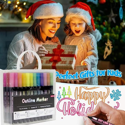 Double Line Outline Markers 36 Colors Super Squiggles Glitter Markers Self Outline Metallic Markers, Shimmer Markers Doodle Drawing Pens for Christmas Greeting Card, Birthday Gift, DIY Art Crafts
