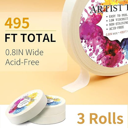 3 Packs White Artist Tape for Watercolor Paper Drafting Art Low Tack Masking Tape Acid Free Painter Watercolor Tape for Painting Canvas Framing, 0.8inch Wide 495FT Long Total
