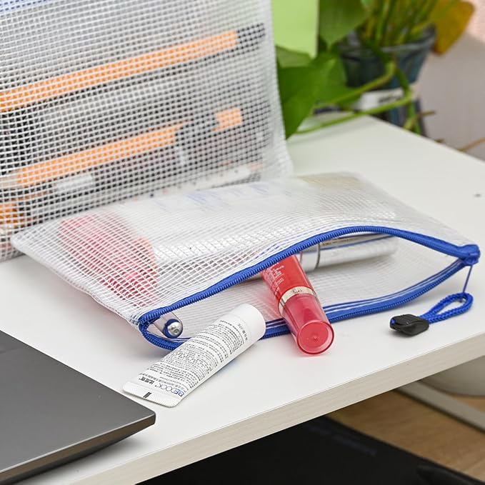 AUSTARK 10 Pcs Zipper File Bags, Waterproof Plastic Mesh Pouch for Office School, Board Game Storage Bags (B6 Size 7.6''x5.3'', White and Blue)