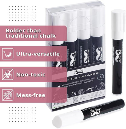 Mr. Pen- White Chalk Markers, 4 Pack, Dual Tip, 8 Assorted Colors, For Non-Porous Surfaces, Reversible Chisel and Bullet Tip
