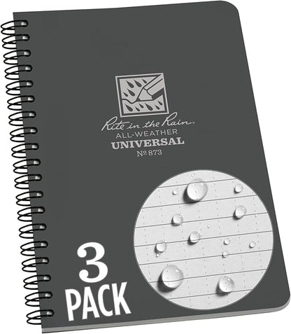 Rite in the Rain Weatherproof Side Spiral Notebook, 4.625" x 7", Gray Cover, Universal Pattern, 3 Pack (No. 873L3)