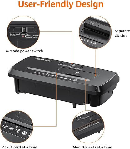 Amazon Basics 8-Sheet Strip Cut Paper, CD, and Credit Card Shredder, Compact, No Basket, Portable with Extendable Arm, Black