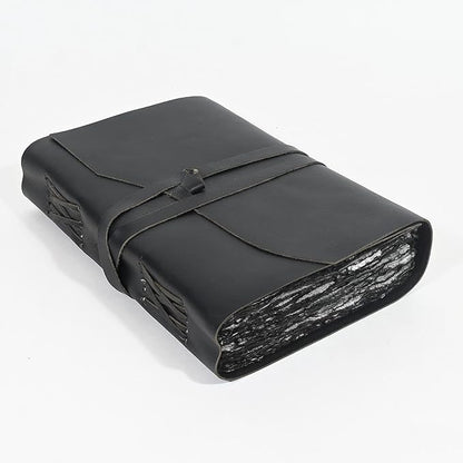 Vintage Black Leather Journal - 200 Pages Gray Deckle Edge Rustic Paper, Unlined Pages Book of Shadows, Grimoire, Junk Notebook, Fantasy Medieval Gifts, Sketchbook, Scrapbook (Raven Black, 12"x9")