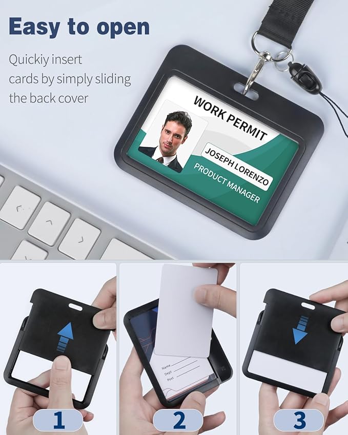 Uniclife 3 Pack Sliding Badge Holder Hard Black Horizontal Plastic Card Case Protector with Lanyard Strap Metal Buckle and Clip for Office School ID Credit Key Card Driver’s License and Pass