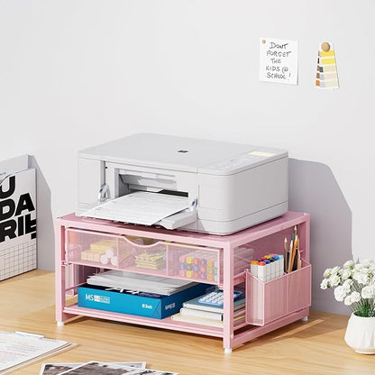Marbrasse Metal Printer Stand for Desk with Storage Drawer and 2 Pen Holders, 2-Tier Desktop Organizer Printer Table for Home Office, Multi-Purpose Desk Organizer for Fax Machine Scanner Files(Pink)